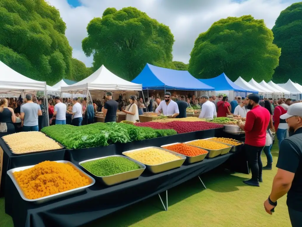 Evento vegano con cocina ética: festival vibrante con platos coloridos, gente diversa disfrutando de la comida y la comunidad