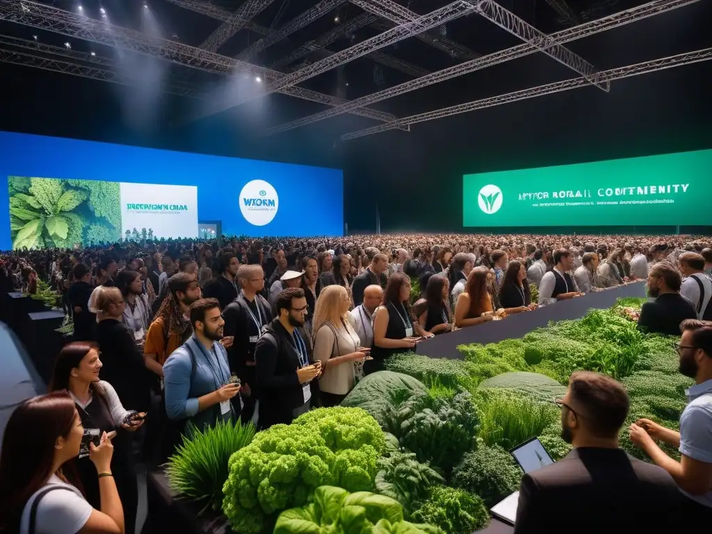 Un evento vegano global educativo y de cambio, en un centro de convenciones ecoamigable lleno de innovaciones y naturaleza exuberante