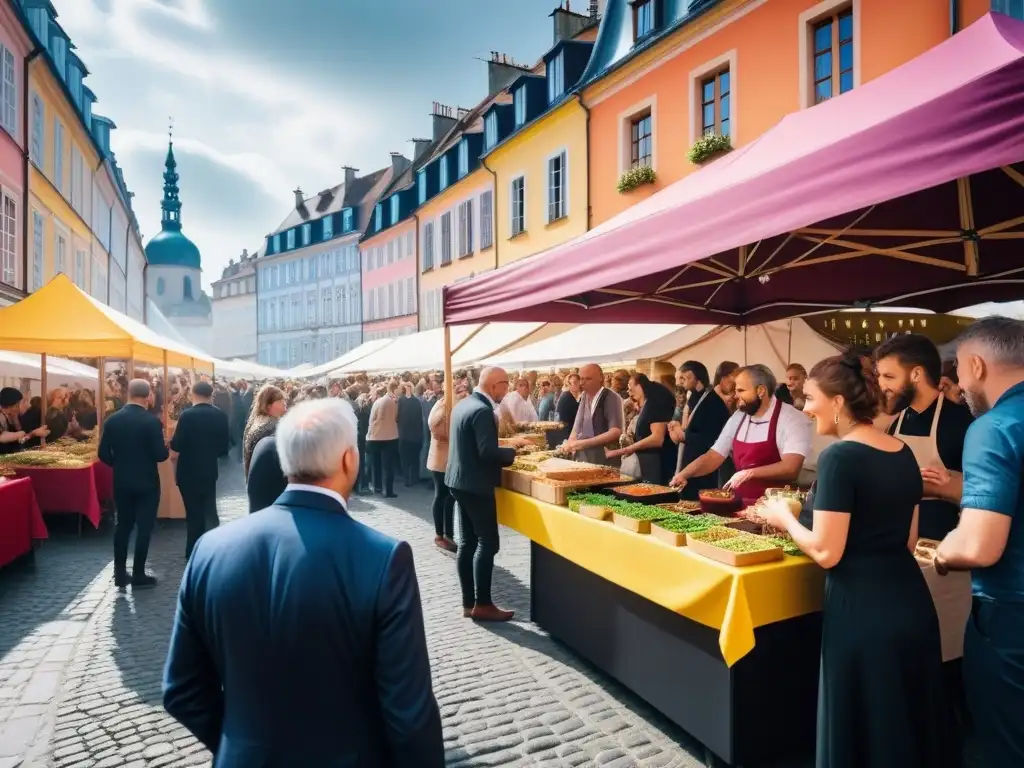 Evento vegano multicultural con gastronomía mundial en un festival gastronómico al aire libre en Europa