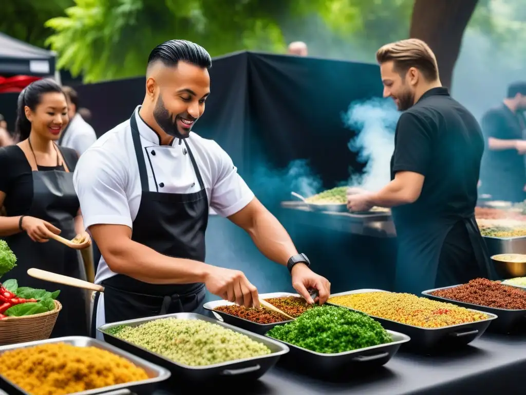 Eventos gastronómicos veganos tendencia mundial: Festival de comida vegana vibrante con diversidad de platos coloridos