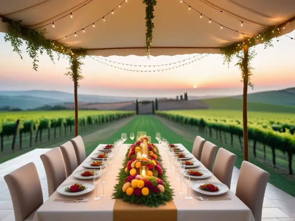 Exclusiva mesa de comedor al aire libre en viñedos de la Toscana, con delicias veganas