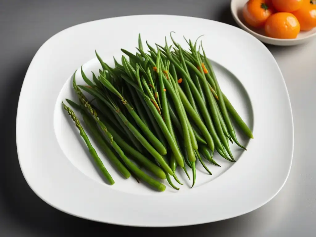 Una exhibición vibrante de verduras blanqueadas perfectas en plato blanco minimalista, técnicas blanqueado verduras veganas perfectas