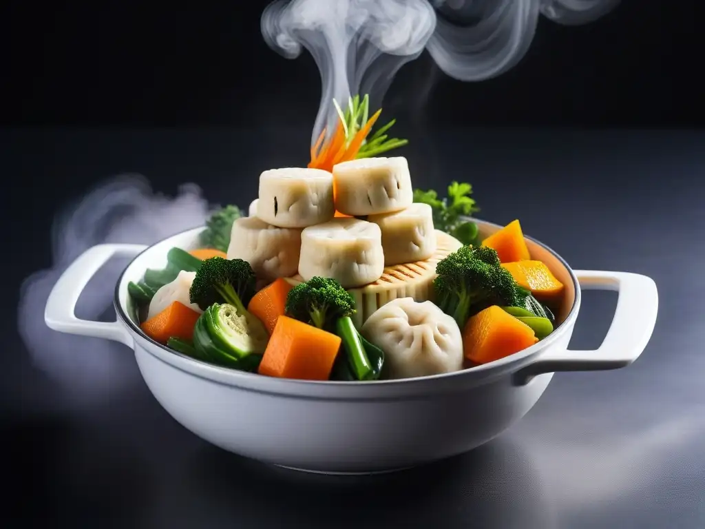 Un exótico banquete vegano al vapor: verduras vibrantes, tofu y dumplings en un vaporoso bambú