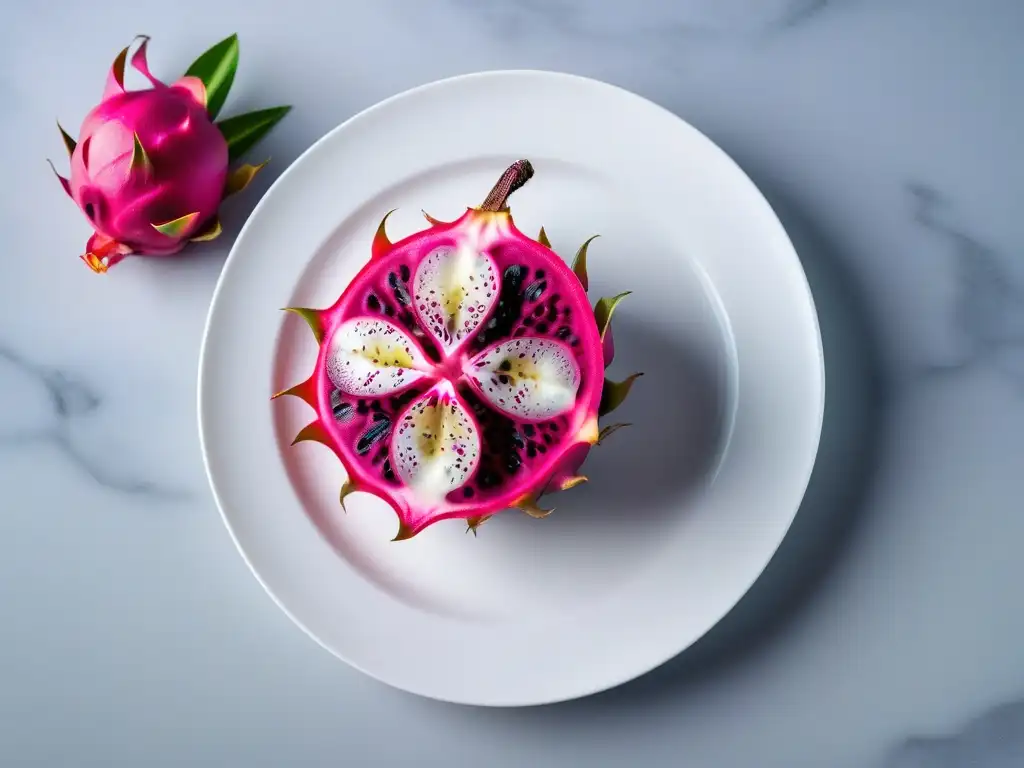 Exótico dragon fruit en plato blanco con menta y flores comestibles