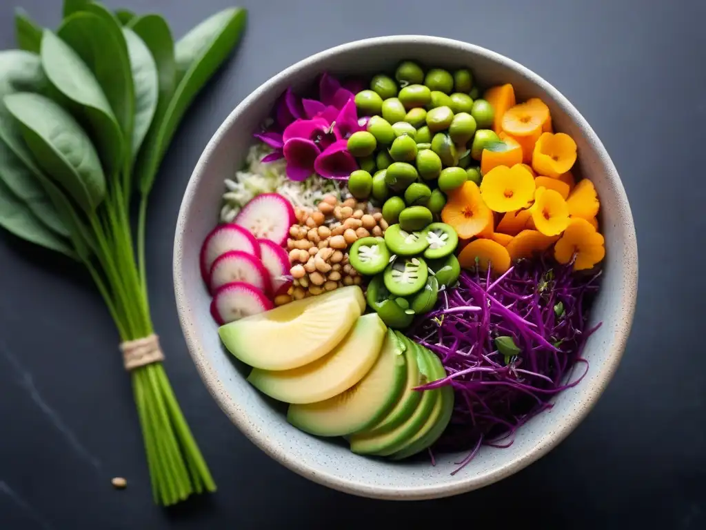 Exótico Buddha Bowl Vegano: Colorida Delicia en Mármol Un exótico y vibrante plato vegano Buddha bowl con ingredientes como pitahaya, edamame y batata morada, sobre una elegante encimera de mármol