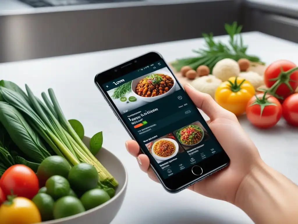 Una experiencia culinaria vegana moderna y vibrante en una app de cocina, con recetas e ingredientes frescos