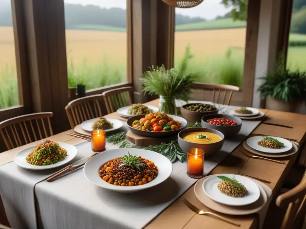 Experiencia culinaria vegana en turismo rural: mesa colorida y apetitosa, ambiente tranquilo y acogedor