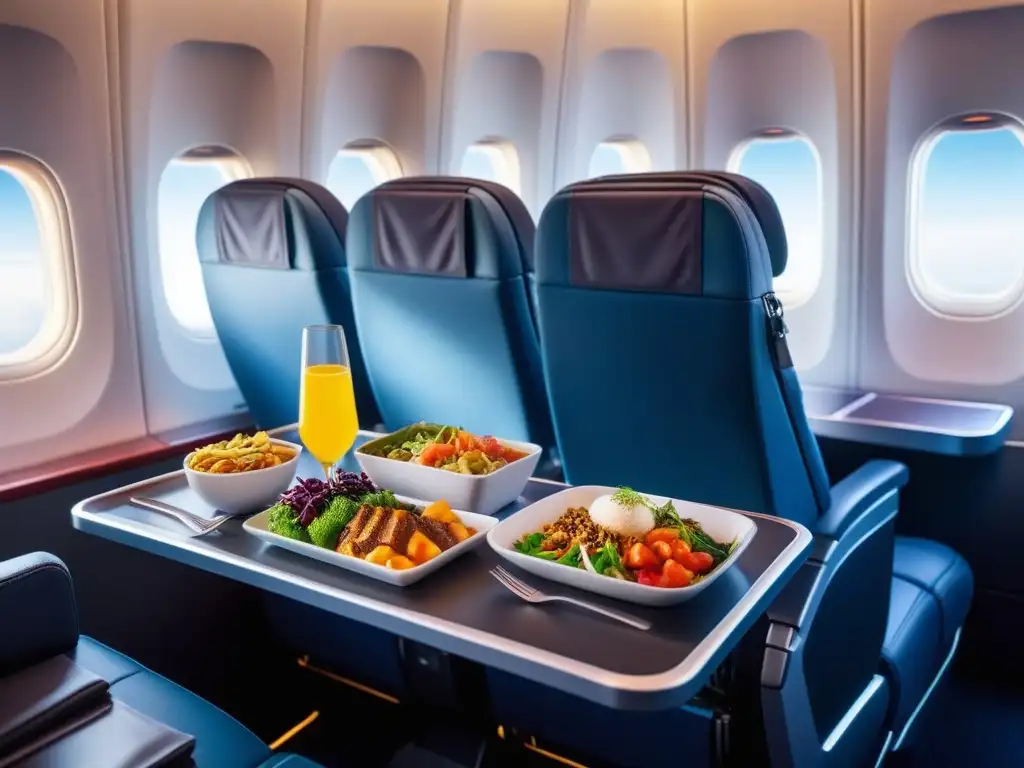 Una experiencia gastronómica vegana en aerolíneas: platos exquisitos y sostenibles en un interior de avión moderno y elegante