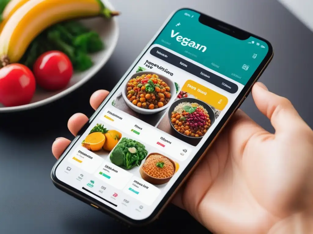 App de planificación de comidas veganas: moderna y colorida Una experiencia moderna y vibrante de una app para menús veganos saludables en un smartphone elegante