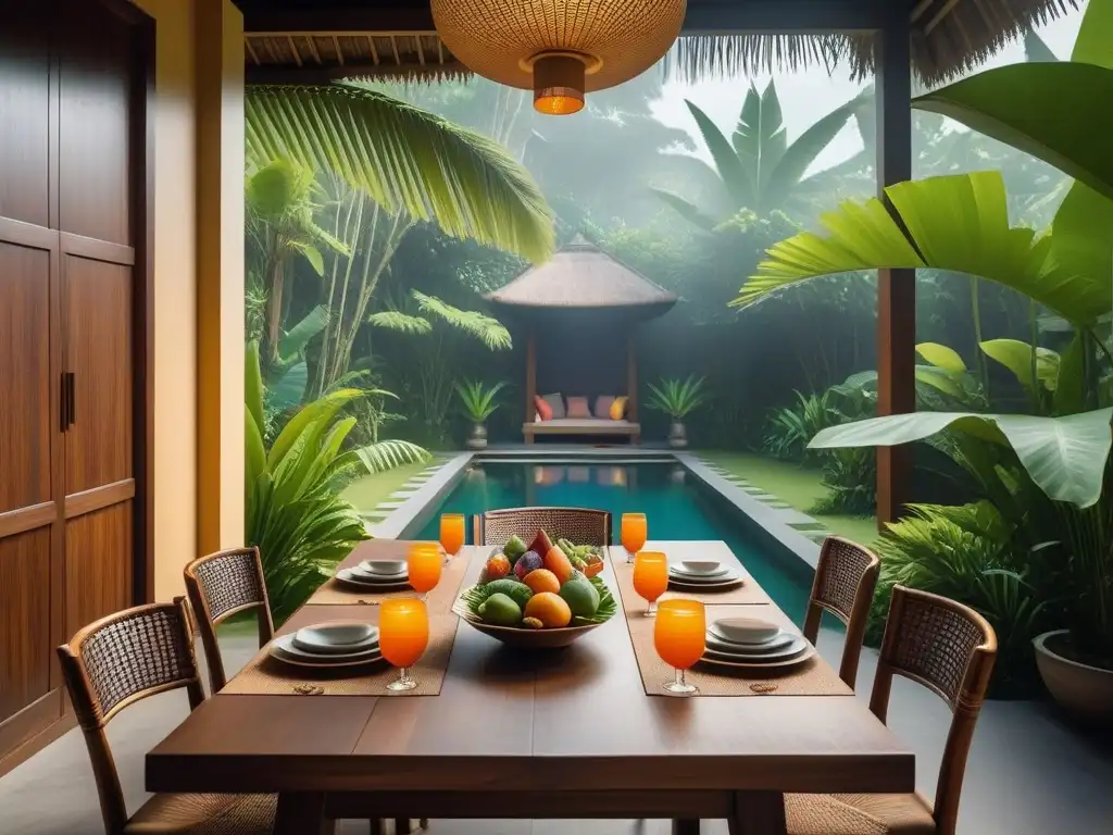 Experiencia de retiro vegano en Bali: mesa de comedor vegana en villa balinesa en un entorno exuberante y tranquilo