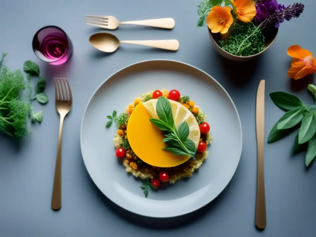 Experiencias veganas inolvidables: platos coloridos y creativos en una mesa elegante, iluminados por una luz cálida y natural