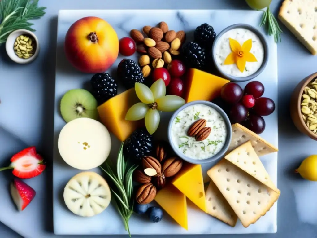 Experiencias veganas inolvidables: Tabla de embutidos vegetales con deliciosas frutas, quesos veganos y crackers artesanales en plato de mármol