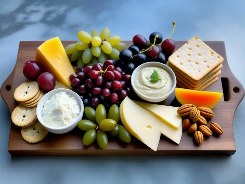 Experiencias veganas inolvidables: tabla de embutidos veganos coloridos y elegantes, frutas, quesos y crackers en plato de madera