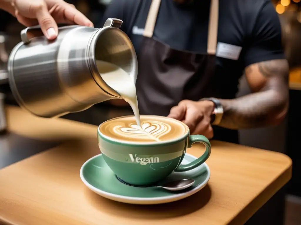 Experto barista vierte leche vegetal en arte latte, en cafetería moderna y sofisticada