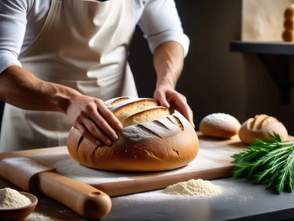 Experto panadero vegano moldeando pan artesanal crujiente, panadería vegana pan crujiente