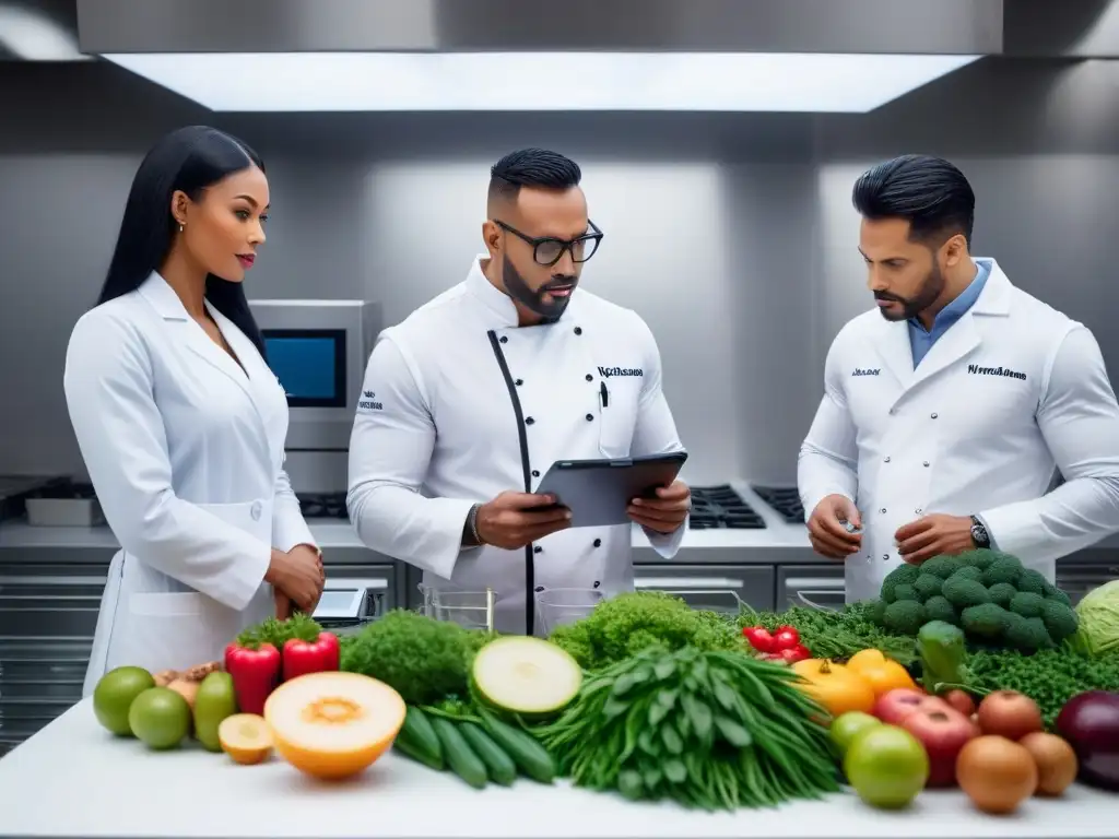 Expertos en nutrición vegana debaten alimentos en laboratorio de cocina moderno