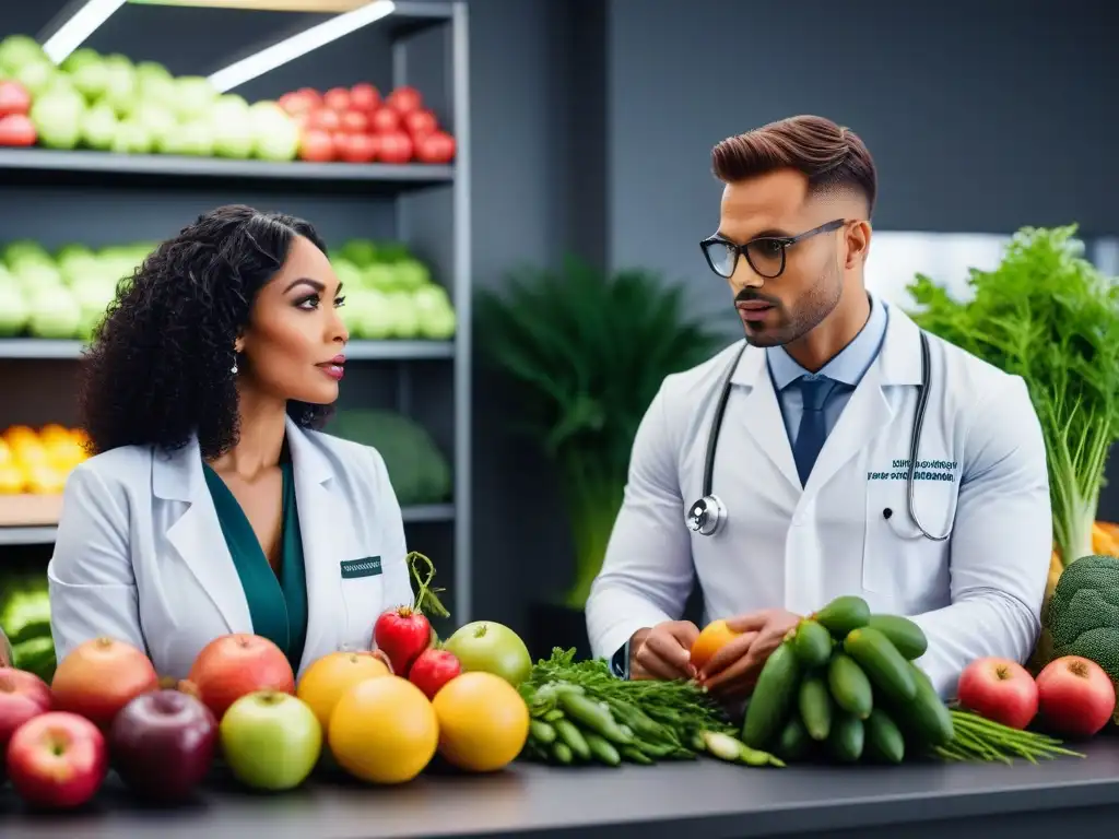 Expertos en nutrición vegana certificada debaten con pasión, rodeados de frutas y verduras frescas