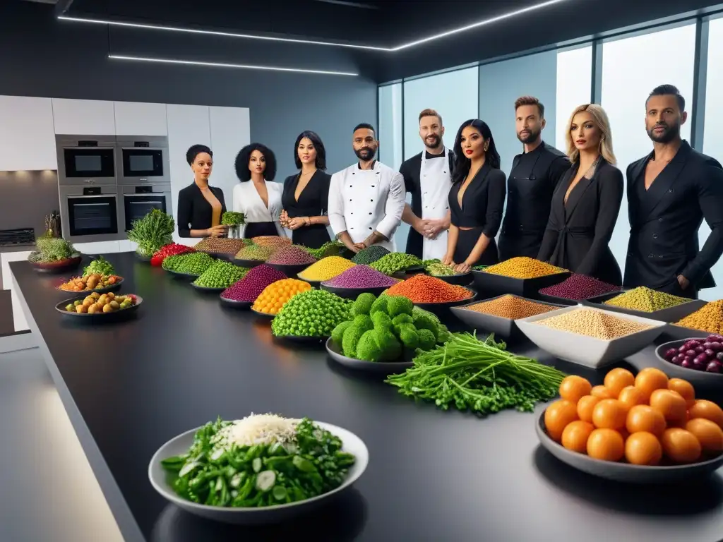 Expertos en certificación nutrición vegana colaboran en cocina futurista con alimentos coloridos