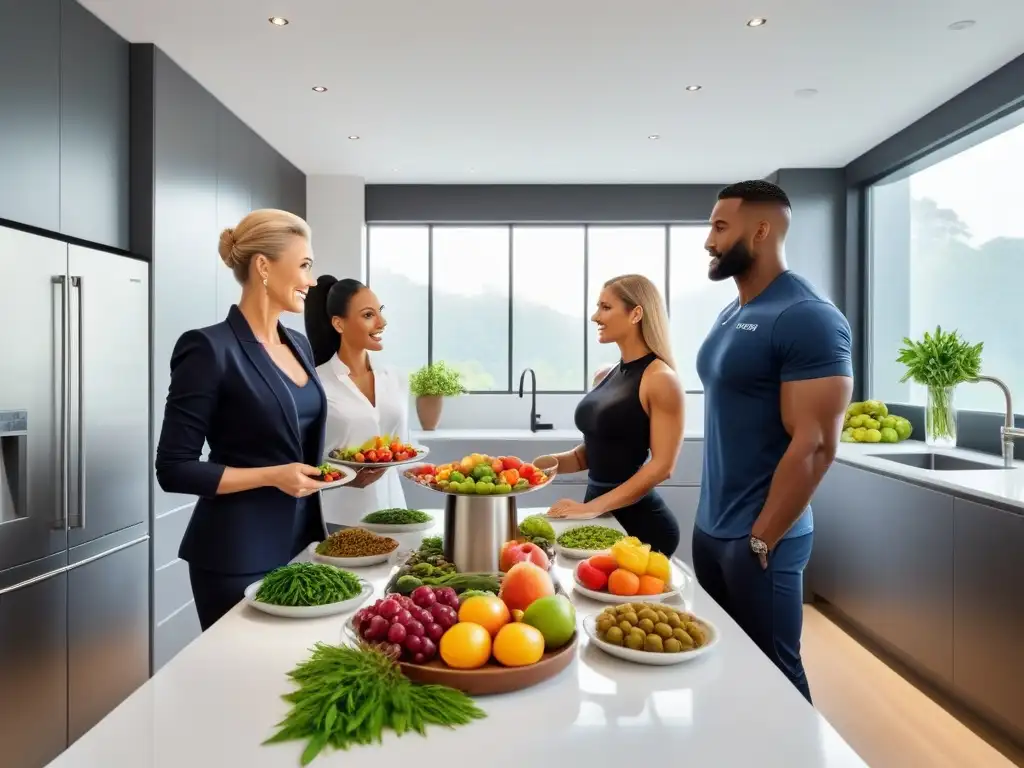 Expertos en nutrición vegana creando un plan de comidas, en una cocina moderna y luminosa