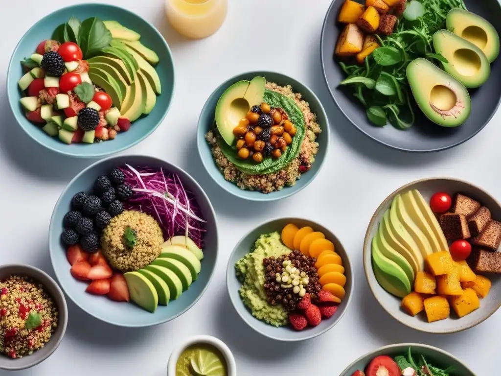 Una explosión de color en almuerzos veganos tendencias novedades: quinoa, wraps, tostadas y bowls de frutas en mesa moderna y elegante