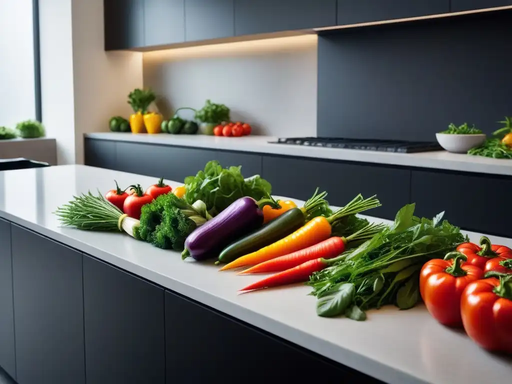 Una explosión de color y frescura en una cocina moderna, mostrando una variedad de vegetales frescos y vibrantes en un elegante mostrador