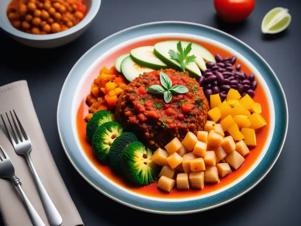 Una explosión de color en un plato de chakalaka vegano sudafricano, con zanahorias, pimientos y frijoles en salsa de tomate