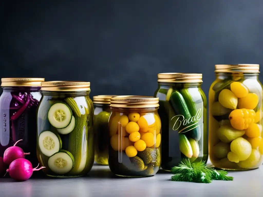 Una explosión de color en tarros de pickles veganos caseros, resaltando sabores ácidos y deliciosos ingredientes naturales