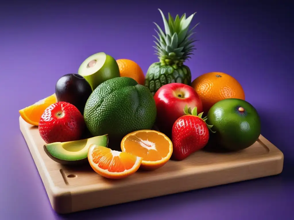 Una explosión de colores frescos en una tabla de cortar de madera, con frutas y verduras apetitosas y brillantes gotas de agua