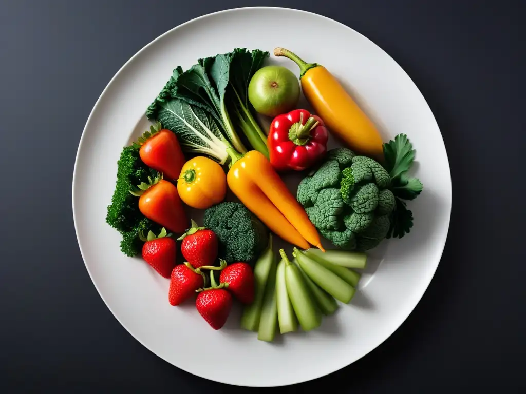 Una explosión de colores y frescura en una composición de frutas y verduras, resaltando la vitalidad de una dieta vegana