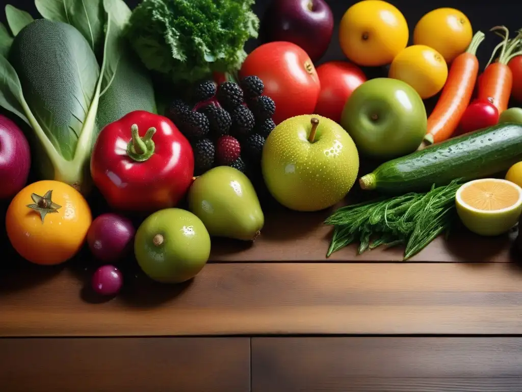 Una explosión de colores y frescura: frutas y verduras sobre una mesa de madera, realzando la belleza natural de ingredientes veganos