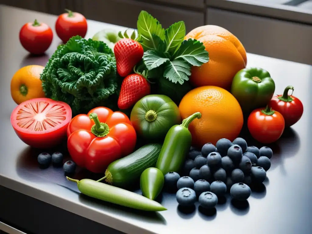 Una explosión de colores con frutas y verduras frescas en una cocina moderna