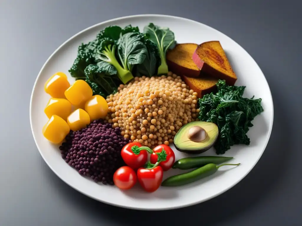 Una explosión de colores en un plato blanco minimalista con proteínas vegetales en cocina americana