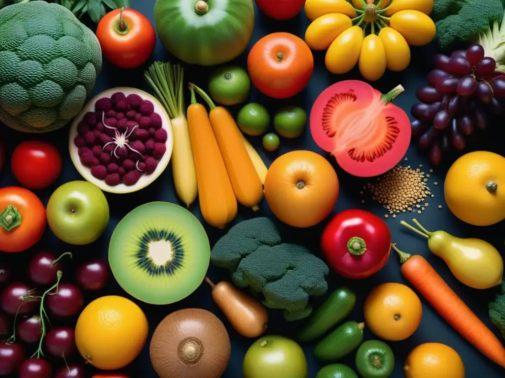 Una explosión de colores y sabores en una composición artística de frutas y verduras frescas, representando la certificación en nutrición vegana