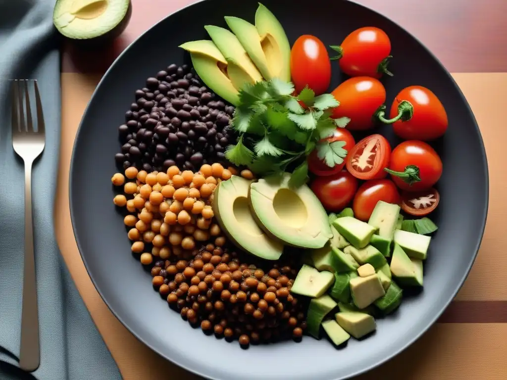 Plato vegano latino vibrante y colorido con legumbres y vegetales frescos Una explosión de colores y sabores en un plato vegano latino con propiedades nutricionales legumbres veganas
