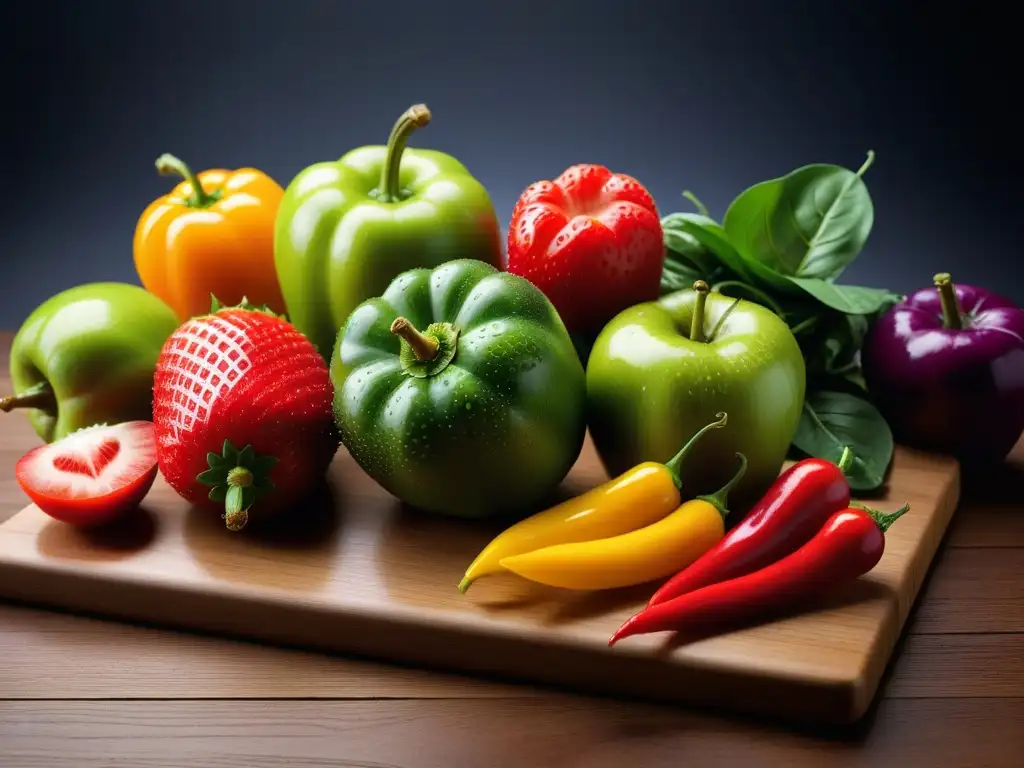 Una explosión de colores en una tabla de madera con frutas y verduras frescas