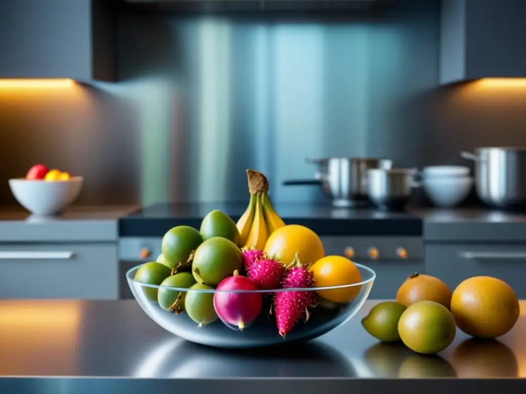 Una explosión de colores y texturas en un cuenco de frutas exóticas en una cocina moderna