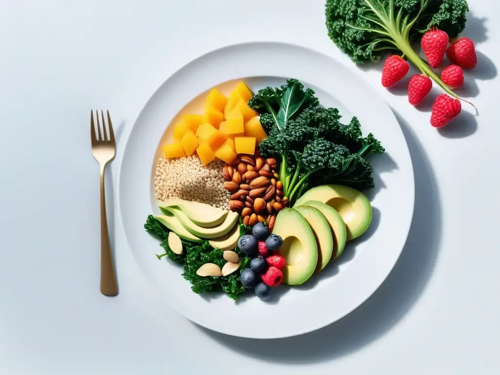 Una explosión de colores y texturas en una dieta vegana y salud mental, con kale, frutos rojos, nueces, aguacate y quinoa en un plato blanco