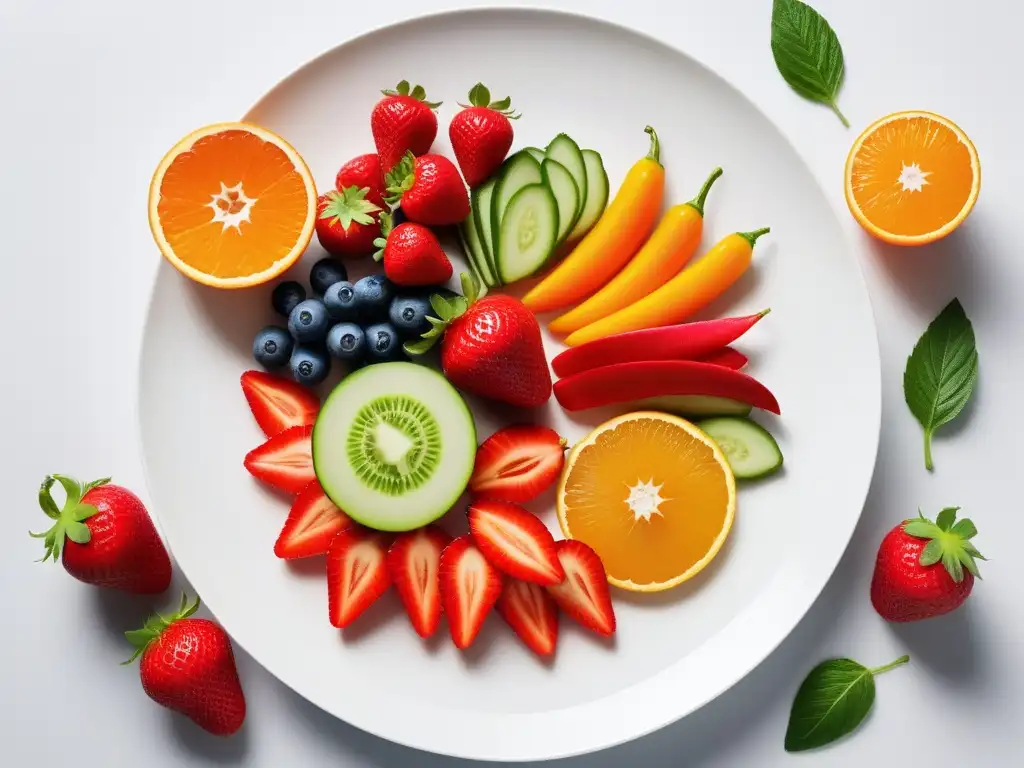 Una explosión de colores y texturas en frutas y verduras cortadas y dispuestas creativamente en un plato blanco moderno