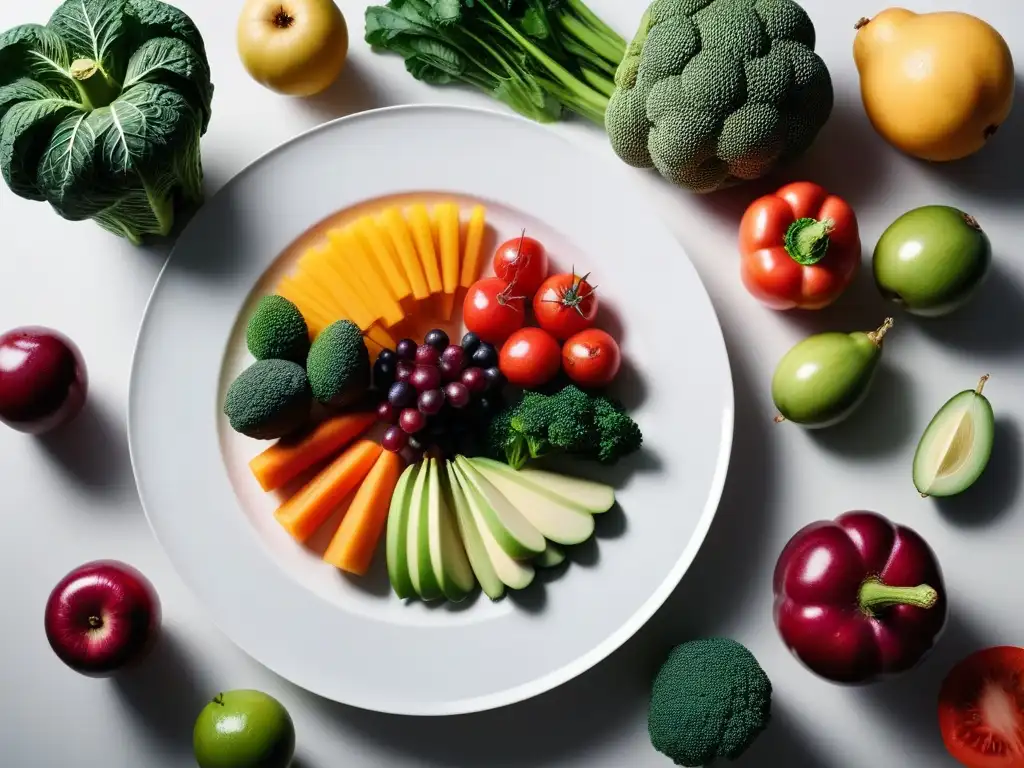 Una explosión de colores y texturas en frutas y verduras, resalta en un plato blanco moderno