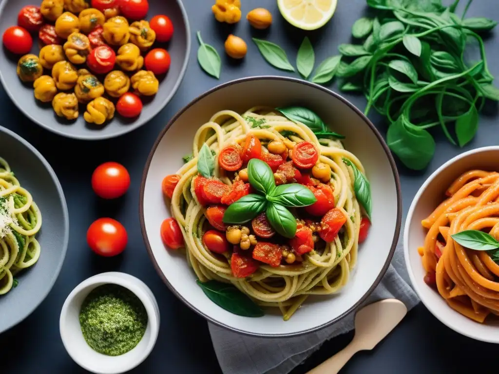 Una explosión de colores en variedad de platos de pasta vegana con sustitutos de ingredientes