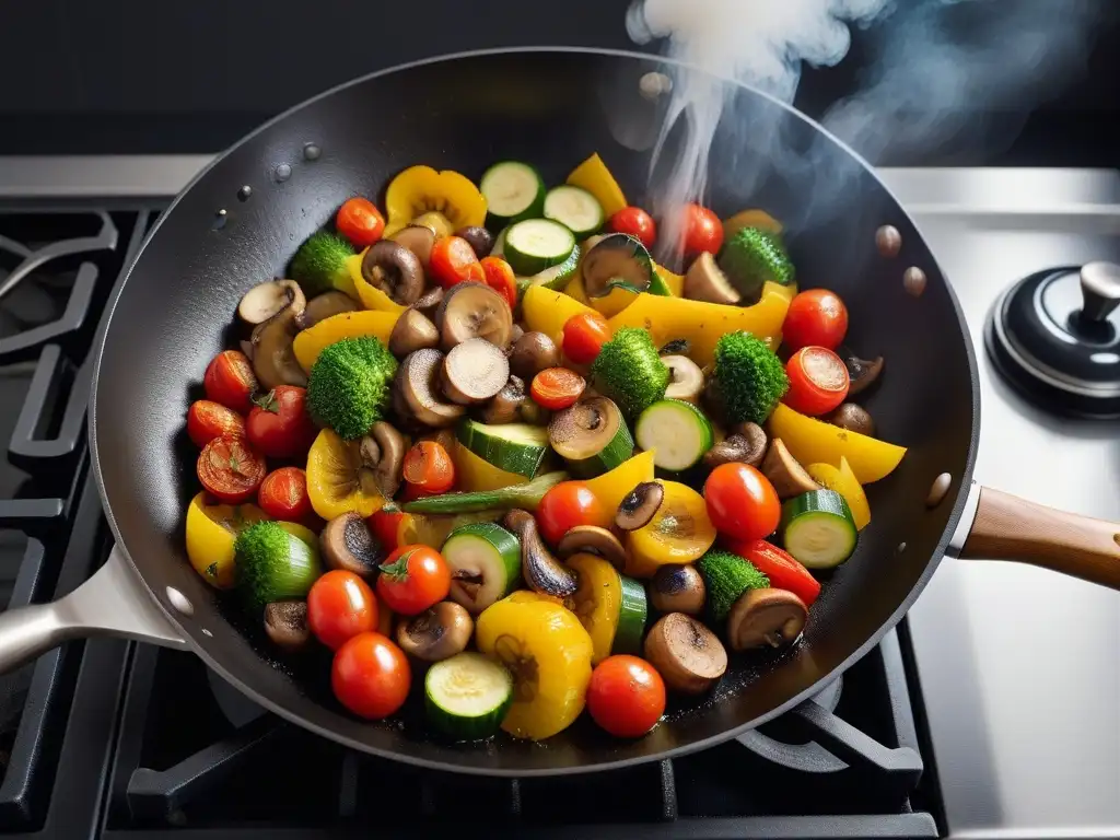 Una explosión de colores en verduras frescas cocinando en sartén sin aceite, reflejando la esencia de la cocina vegana sin aceite