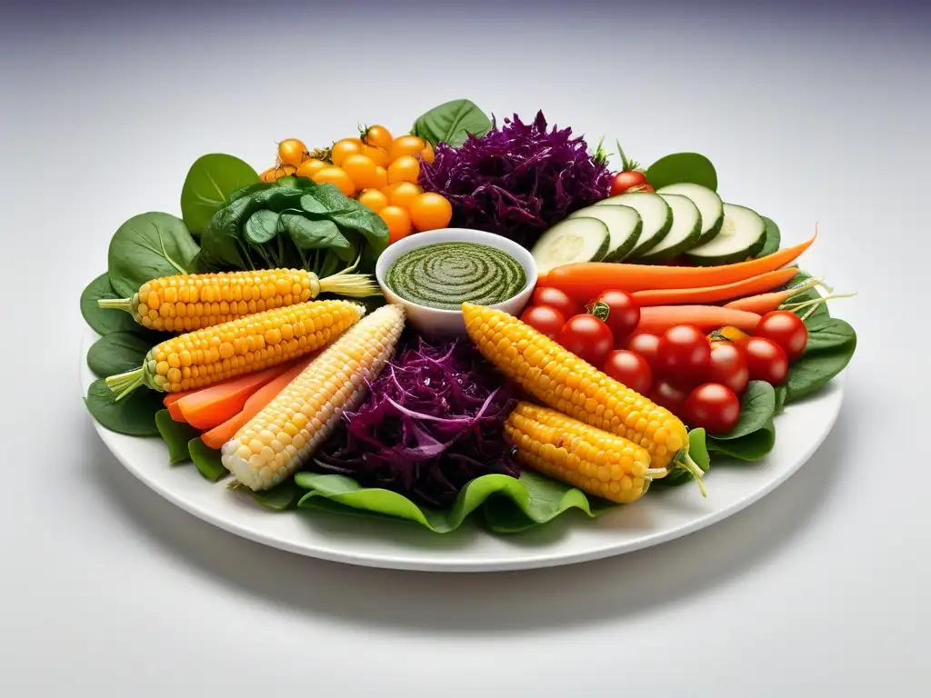 Una explosión de coloridas verduras frescas en un plato blanco