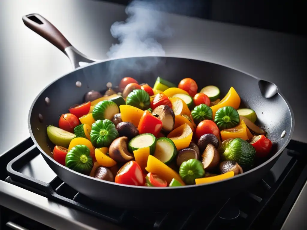 Una explosión de coloridas verduras recién picadas se doran en la mejor sartén para cocinar vegano, creando una escena gourmet en la cocina moderna