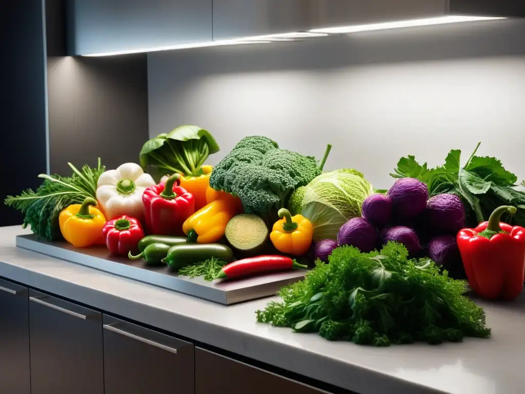 Una explosión de vegetales frescos y hierbas en una cocina moderna, irradiando frescura y abundancia