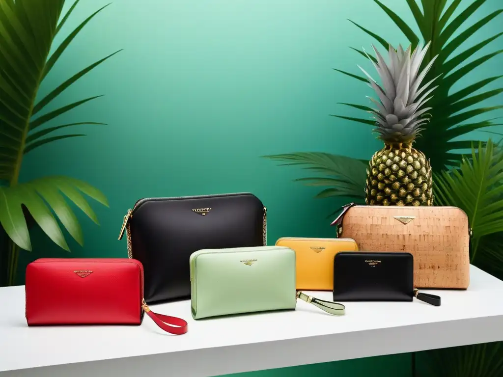 Una exposición de accesorios veganos sostenibles tendencia, con bolsos elegantes, carteras estilizadas y cinturones modernos