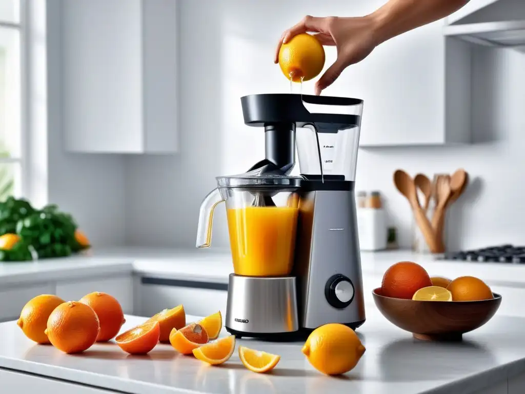 Exprimidor cítricos cocina vegana: Imagen vibrante de un exprimidor moderno en acción, con jugo de naranja recién exprimido en vaso con hielo