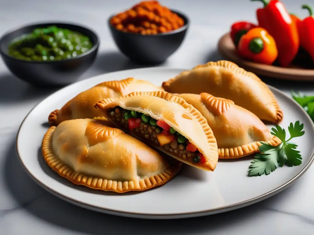 Una exquisita bandeja de empanadas veganas argentinas receta original, adornadas con chimichurri en elegante cocina moderna