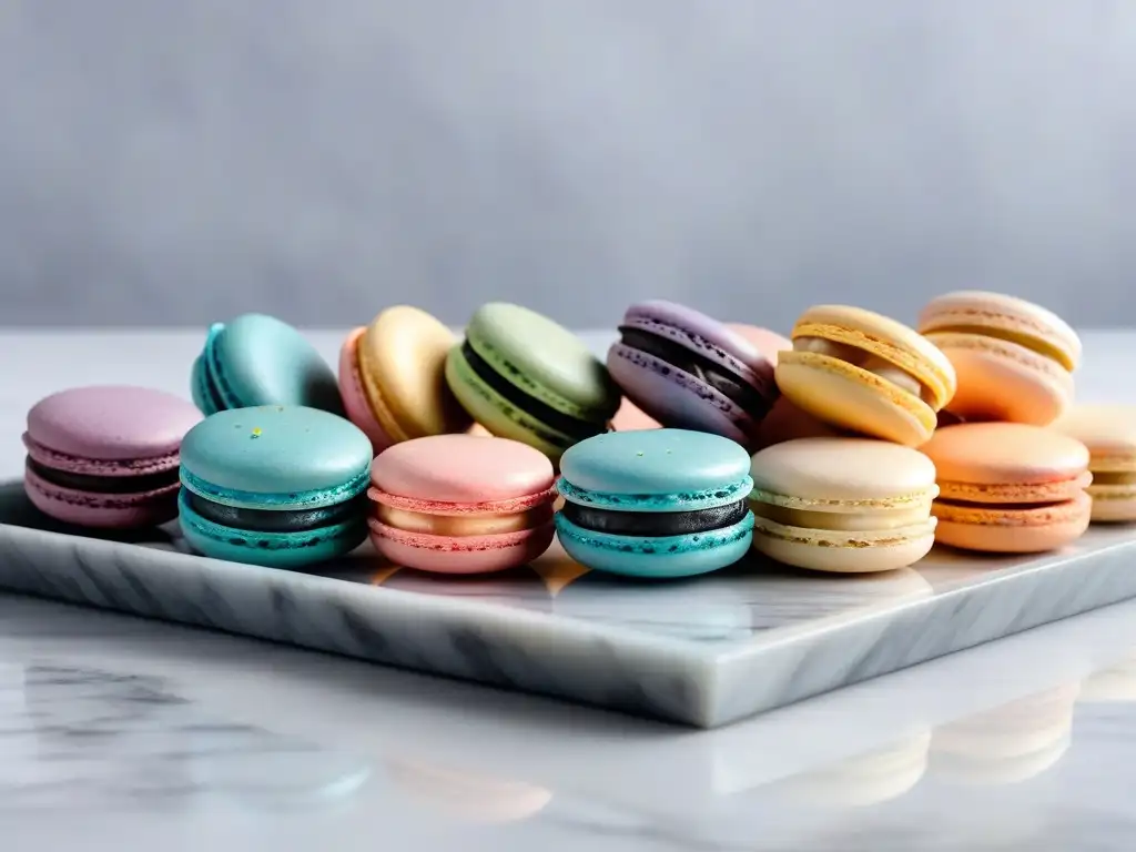 Exquisita bandeja de macarons veganos sin huevo en tonos pastel, decorados con brillo comestible, sobre encimera de mármol