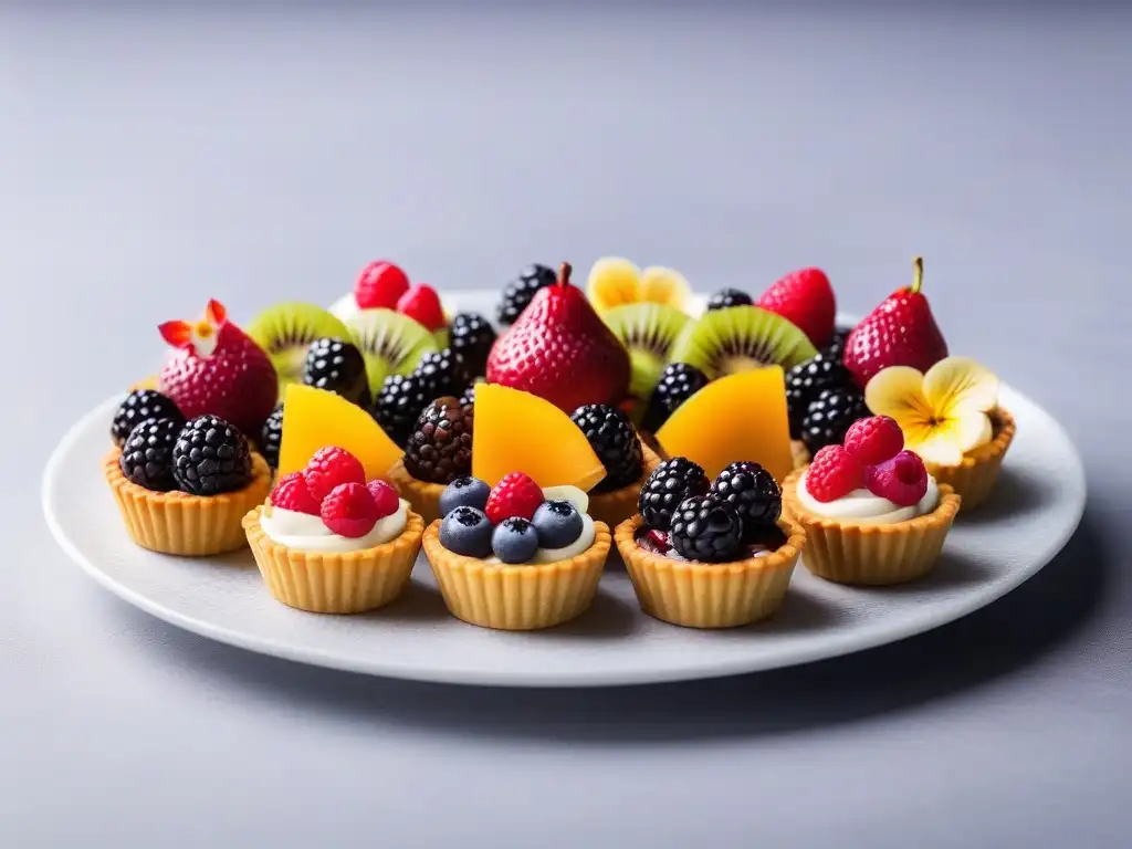 Una exquisita bandeja de mini tartas veganas sorprendentes, decoradas con frutas vibrantes, flores comestibles y chocolate vegano