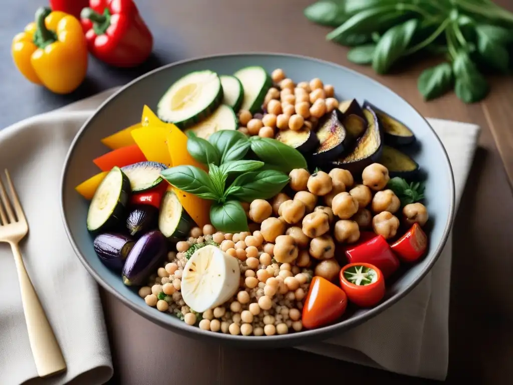 Una exquisita bowl de proteínas vegetales en cocina mediterránea, con ingredientes frescos y coloridos